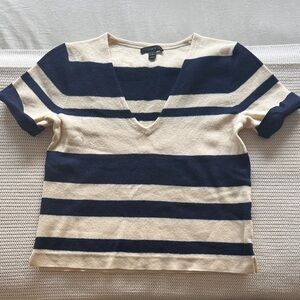 JCrew Striped V-Neck Short Sleeve Sweater in Navy and Cream